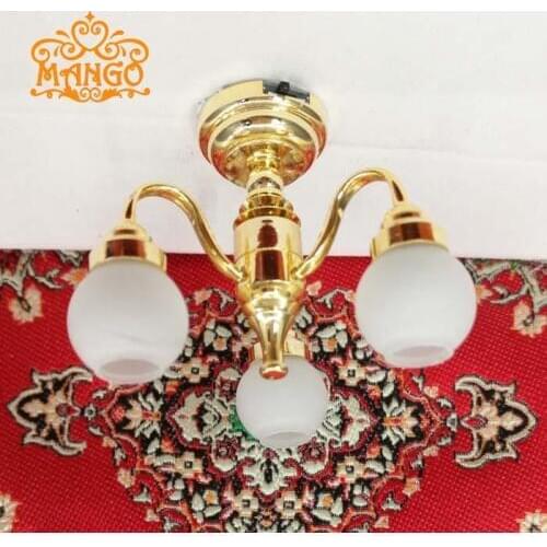 1:12 Dollhouse Miniature Furniture Brass Electric Chandelier 3 Arm Lamp Ceiling Light with 24k Gold Plated Led