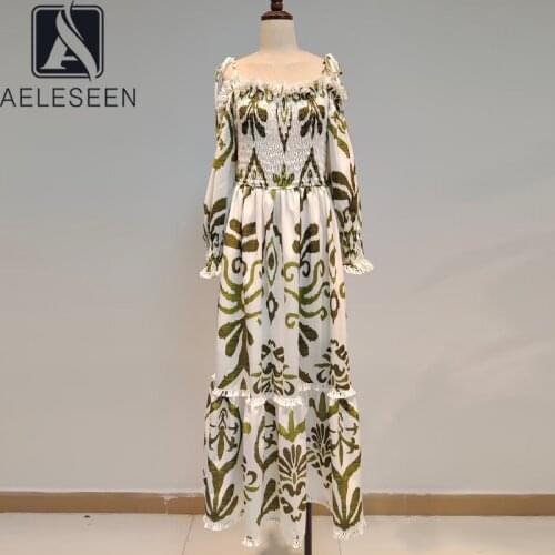 Porcelain Runway Print Fashion Dress 2021 Spring Summer Long Sleeve Slash Neck Red Green Elasric Party Dresses
