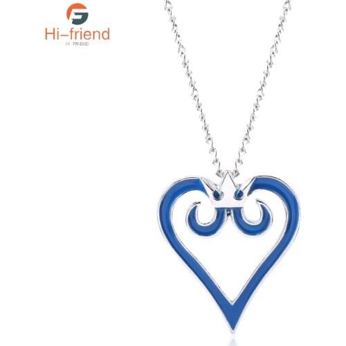 Fashion Trend Kingdom Hearts Necklace Crown Blue Heart Shape Metal Pendant Necklace for Women Men Party Gift Casual Jewelry