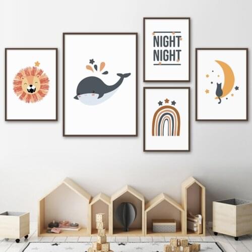 Cartoon Rainbow Sun Moon Star Clouds Lion Cat Art Canvas Painting Nordic Posters And Prints Wall Pictures For Kids Room Decor