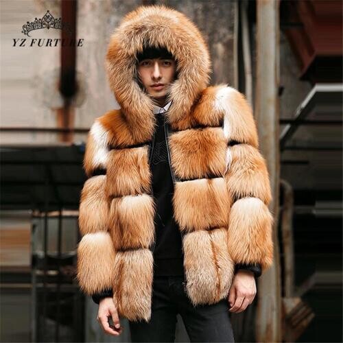 Men Warm Real Fox Fur Coat With Hood Winter Genuine Fur Jacket Outwear Fashion Natural Red Fox Fur Coat For Men Overcoat FM-026