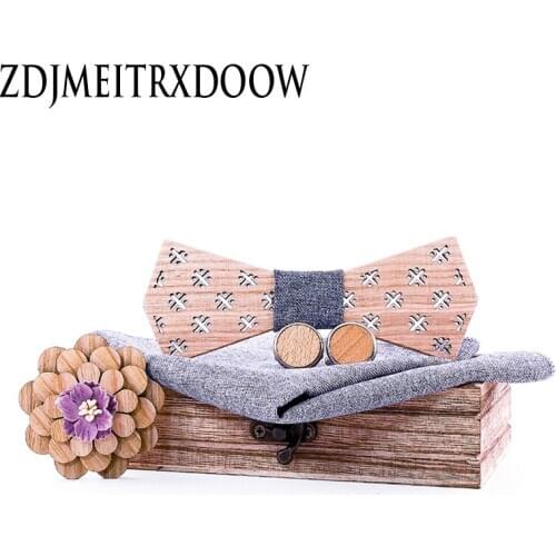 New Design 100% Wooden Hollow Wood Bow Ties Bowtie Pocket Square Cufflinks Brooch For Men Christmas Gift Set White Ties