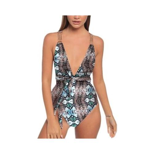 New Swimsuit Sexy Snake Print Bandage Womens One Piece Swimsuit Metal Accessories Bikini
