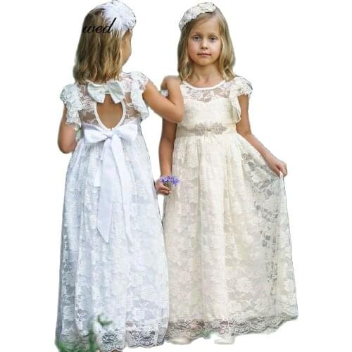 Champagne Boho Lace Flower Girl Dresses O-Neck Long Girls Beach Wedding Party Dresses Beaded Belt Bow A-Line Communion Dress