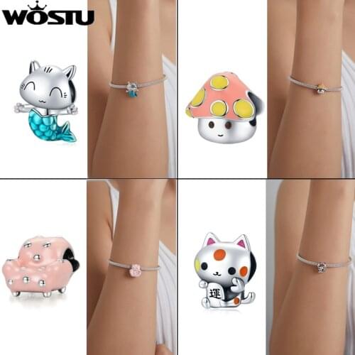 WOSTU 925 Sterling Silver Kitty Mermaid Cat Mushroom Sofa Charms Pendant Fit Bracelet Women Girl Cute Fashion DIY Jewelry Gift