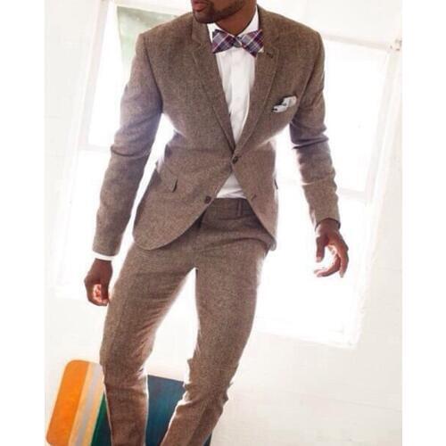 Latest Coat Pant Designs Brown Tweed Custom Bridegroom Tuxedo suit Wedding Suits For Men Slim Fit 2 Pieces Terno Jacket+Pants