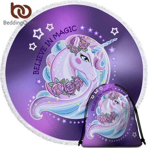 BeddingOutlet Cartoon Unicorn Round Beach Towel Rose Floral Tassel Tapestry Stars Girly Yoga Mat Purple Kid Toalla Blanket 150cm