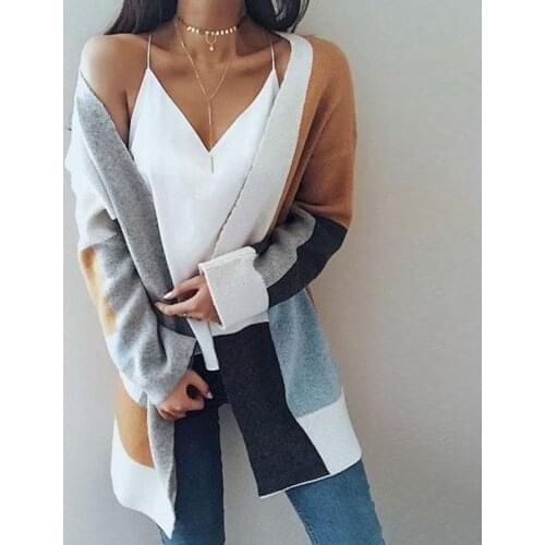 Casual Women Patchwork Long Sweater Cardigan Autumn Winter Pocket Knitting Outwear Ladies Long Sleeve Loose Knitted Cardigans