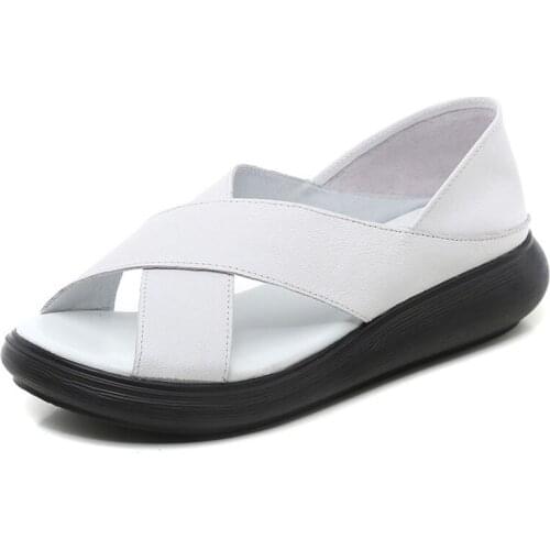 Soft Women Wedges Sandals 2021 Summer Open Toe Genuine Cow Leather Slip on Platform Casual Sandals Female Cross Fish Mouth Shoes