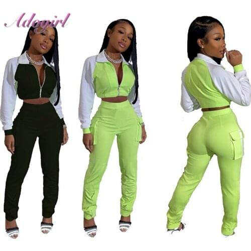 Sportwear Workout WomenS Set Two Piece Set Casual Patchwork Reflective Zipper Crop Tops Jacket Swearpants Suit Outfit Tracksuit