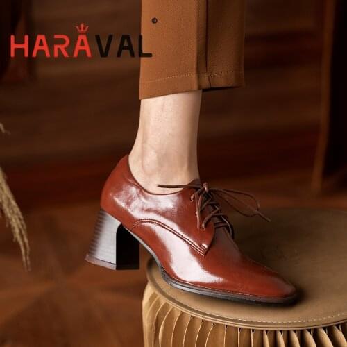 HARAVAL Women Pumps Shoes High Heels Mary Janes Elegant Genuine Leather Round Toe Solid Office & Career Black Brown Shoes B361