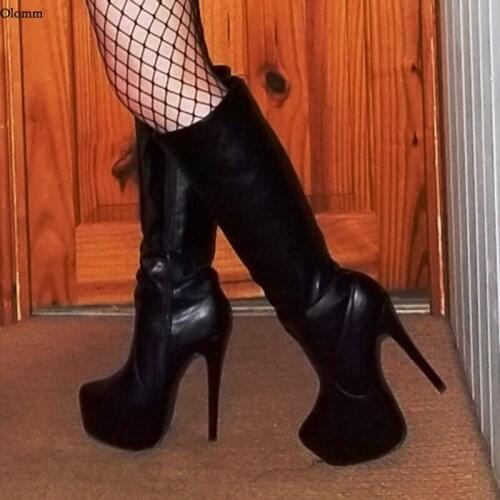 Olomm New Arrival Women Winter Knee High Boots Platform Side Zipper Stiletto Heel Round Toe Black Shoes Women Plus US Size 5-20