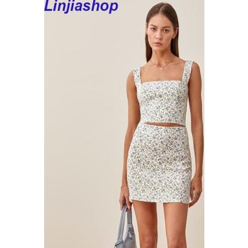 Women Print Two Piece Set Floral Skirts Outfits Vintage Short Tank Tops+Ladies Wrap Hip Mini Skirt 2021 Summer Sexy Clothes