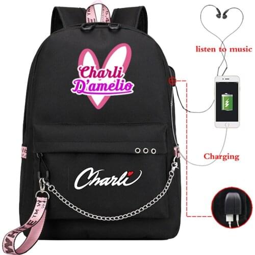 New Charli D'Amelio Printing Backpack USB Charging Backpack Women Girls Laptop Backpack 90s Travel Rucksack School Bag