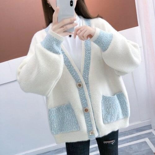 2020 New Autumn Winter Womens England Style Sweater Cardigan Solid Loose Imitation Mink Velvet Female Outwear Sueter Mujer M267