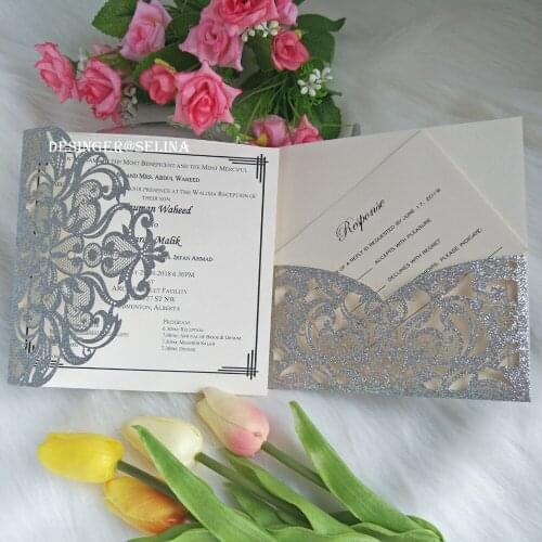 50pc Silver Glitter Color Printing Wedding Invitation with RSVP Card Laser Cut Bridal Shower Invites Glitter Quinceanera Cards