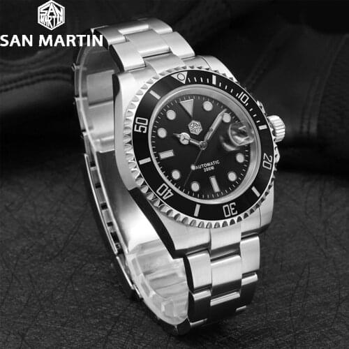 San Martin Sub 41mm Mens Luxury Watch Mechanical Automatic Water Ghost Sapphire Date Cyclops 20Bar Luminous Waterproof Watches