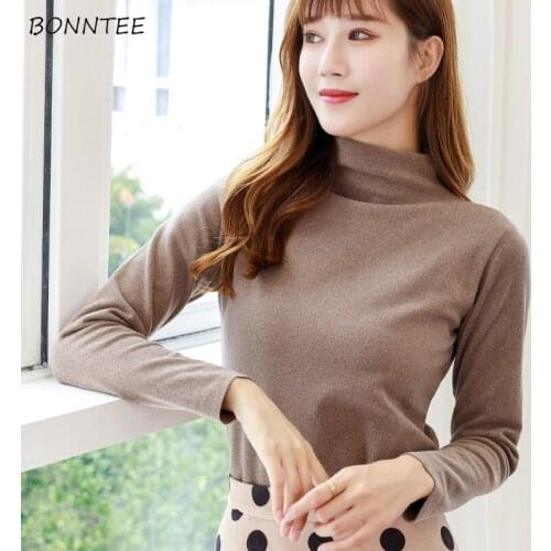 Long Sleeve T-shirts Women Solid Candy Color Thicken Half Turtleneck Slim All-match Korean Style Basic Tees Stretchy Warm Tshirt