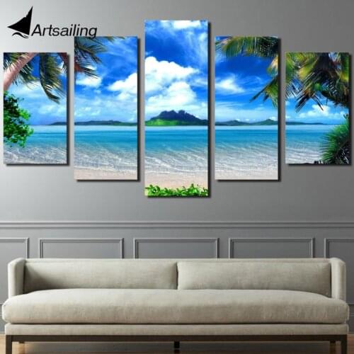 HD Printed Beach blue palm tree Modular Pictures 5 panel Painting scenery painting poster canvas art living room ny-4157