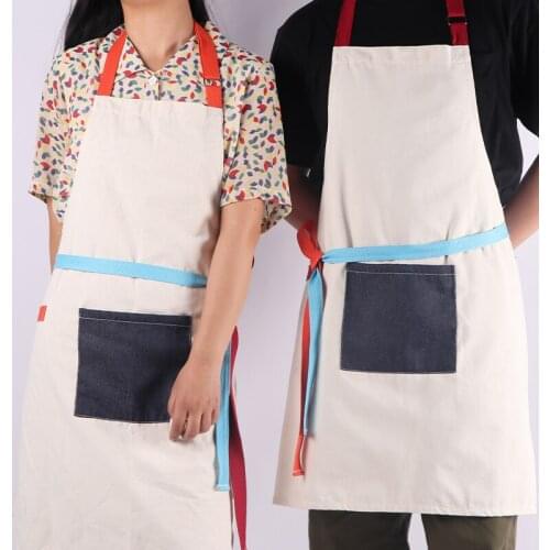 Couple Simple Style Cotton Apron Adjustable Neck Strap Home Kitchen Painting Pocket Canvas Apron