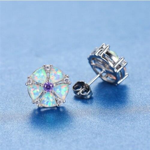 Cute Boho Female Flower Stud Earrings Silver Color Earrings For Women Romantic White Opal Wedding Earrings