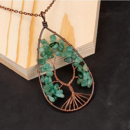 Natural Stone Necklace & Pendant Tree of Life Wire Wrapped Water Drop Shape for Women Crystal Necklace Reiki Statement Jewelry