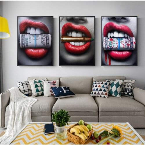 Sexy Bleeding Red Lips Wall Art Canvas Prints Modern Lips With Bullet and Money Canvas Art Paintings Cuadros Pictures Wall Decor