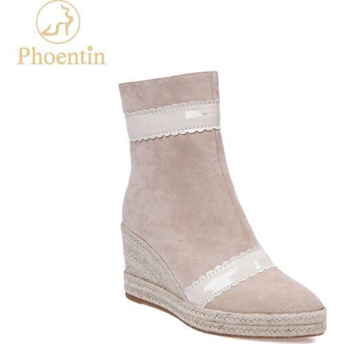 Phoentin wedge heel boots woman zip closure 2019 winter patchwork platform shoes female pointed toe large size shoe beige FT792