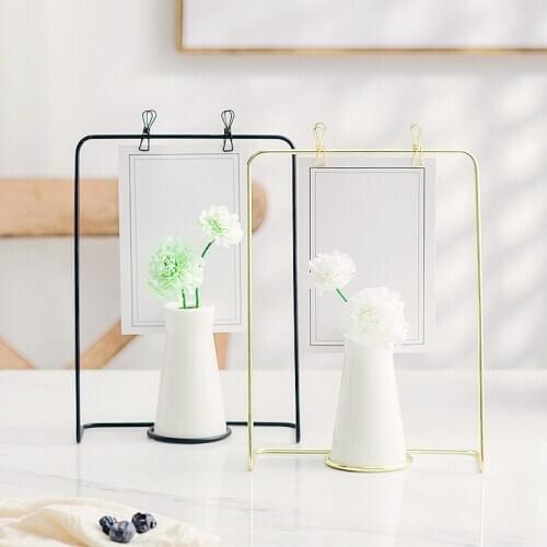 2 Set Ceramic Flower Vases Golden Black Metal Stand Flower Plant Pots Photo Frame Postcard Clip Holder Home Table Decoration