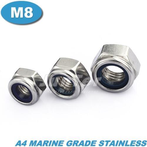200pcs/lot DIN985 M8 A4 Marine Grade Stainless Nyloc Lock Nuts Locknut