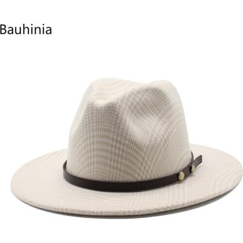 Bauhinia 2020 Fashion Wide Brim Simple Church Derby Top Hat Panama Felt Fedoras Hats for Men Women Wool Jazz Cap with Belt
