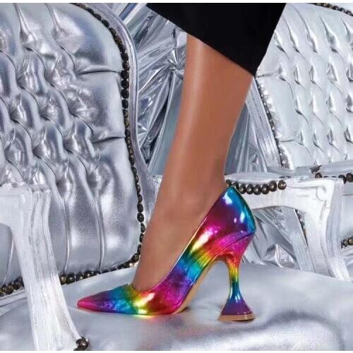 Free Shipping Real Pictures Colorful Rainbow Fingertip Woman Lady Female 9cm Wine glass banquet High Shoes