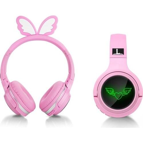 Cute Angel Wings Bluetooth-compatible Headset 7 Colors LED Headphones Support SD Card Audio Cable Headphone For Children Gift