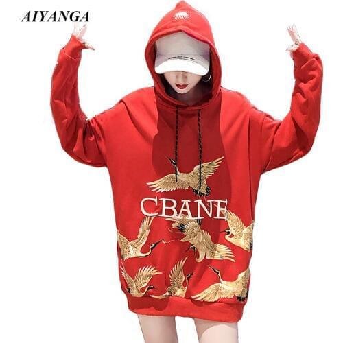 Red Hoodies Women 2018 Autumn Winter Hoodies and Pullovers Fashion Print Thick Fleece Casual Medium Long Hooded Outerwear