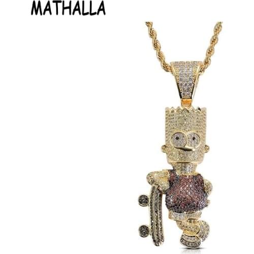 MATHALLA Shiny Skateboard Cartoon Pendant Necklace Iced Out Cubic Zircon Mens Hip Hop Jewelry Gifts