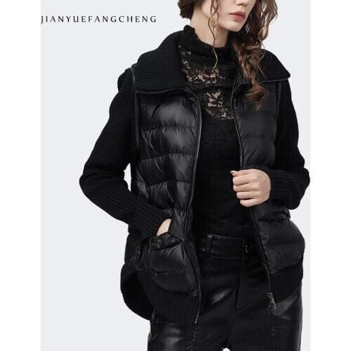 Fashion Detachable Knitted Patchwork Women Down Jacket Two Wear Long Sleeve Black Zipper Puffer Coats Warm Ladies Winter Jackets