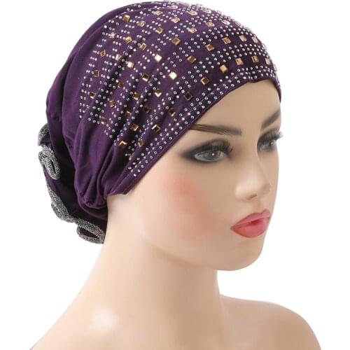 H008 Full cover hijabi Muslim Turban Pure Color Stretch Inner Hijabs For Caps Ready To Wear Women Head Scarf with stones Bonnet