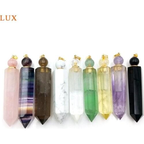 Natural Beads Cap Perfume Bottle Pendant Hexagon Prism Diffuser Crystal Quartz Vial Nature Shape Charm for necklace Jewelry