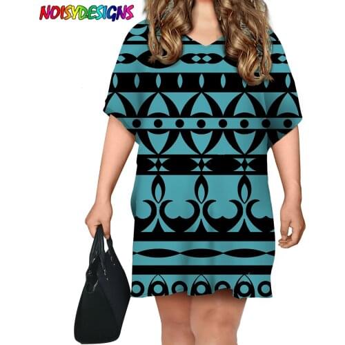 NOISYDESIGNS Summer Womens Casual Polynesian Tribal Print Dress Short Sleeve Woman Fashion Female Loose Mini Dresses For Femme