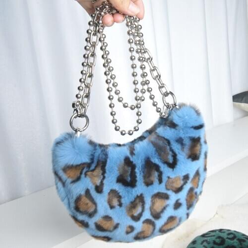 2020 New Rex Rabbit Fur Handbags Crescent Moon Shape Fashion Women Single-Shoulder Leopard Real Fur Wrist Bag Steel Ball Chain
