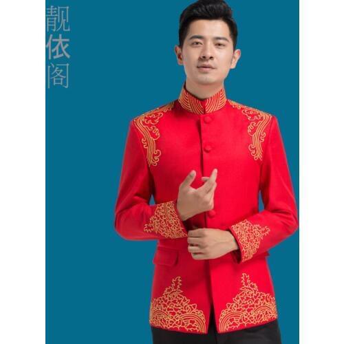 Singer stage clothing for men chinese tunic suit set with pants 2020 mens wedding suits groom formal dress red embroidered