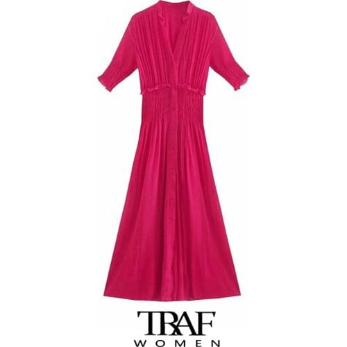 TRAF Za Women Fashion With Elastic Trim Pleated Midi Dress Vintage Short Sleeve With Lining Female Dresses Vestidos Mujer