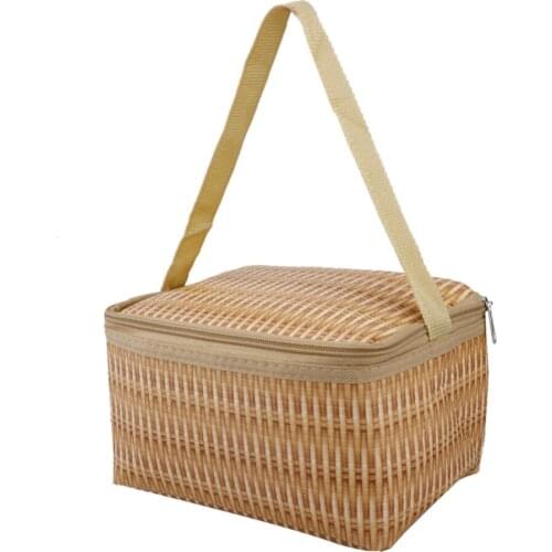 EPAY Portable Insulated Thermal Cooler Lunch Box Canvas Imitation Rattan Lunch Bag Picnic Container