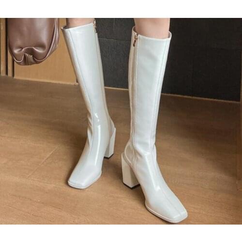 Fashion Ladies White Blue Black Patent Leather Fur In Square Toe Knee High Boots Woman 7 cm Chunky Heels Slim Long Boots Shoes