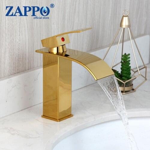 ZAPPO Bathroom Faucets Single Handle Faucets Deck Mounted Golden Polished Bathroom Basin Mixer Sink Tap Waterfall Mixer Tap