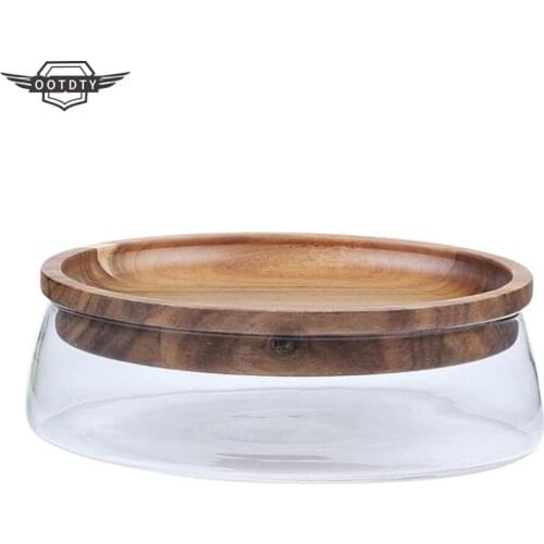 Glass Nuts And Dry Fruits Storage Box Container Double Layer With Wooden Lid