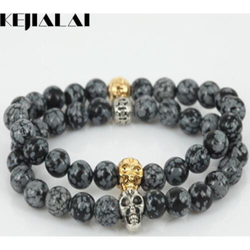 High Quality Gold/Silver Color Skull Head Men Charm Stretch Bracelet Natural 8mm Snowflak Round Gem Stone Beads Women Bracelet