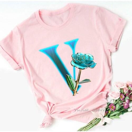WomenS Clothing 26 Alphabet Letter V Print Tshirt Femme Korean Style Clothes Blue Rose T-Shirt Female Pint Tshirt Tops