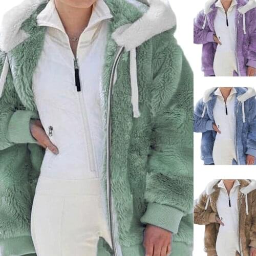 Women Winter Faux Fur Warm Hoodies Jacket Solid Color Fluffy Plush Coat Front Zip Up Oversized Loose Sweatshirt Overcoat Outwear