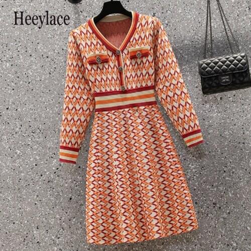 Plus Size Women Runway Knitted Orange Dress Elegant Autumn Winter Button Deco Geometric Print Long Sleeve Sweaterss Dress 4XL